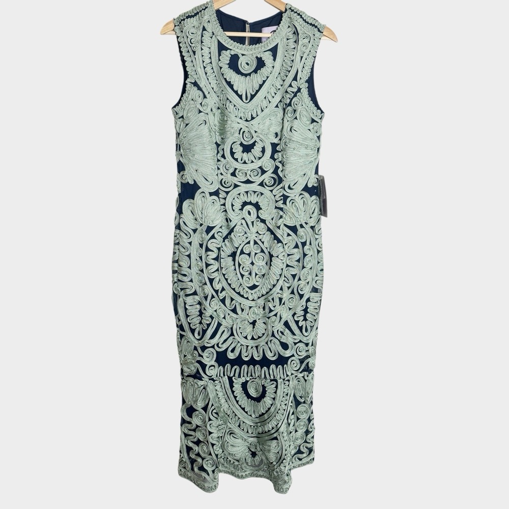 JS Collection Seafoam Green Navy Embroidered Soutache Midi Dress 8 Wedding Guest